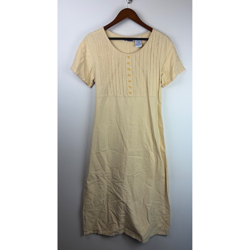 Vintage 90s Erika Linen Cotton Midi Dress Small Yellow Pintuck Prairie Cottage